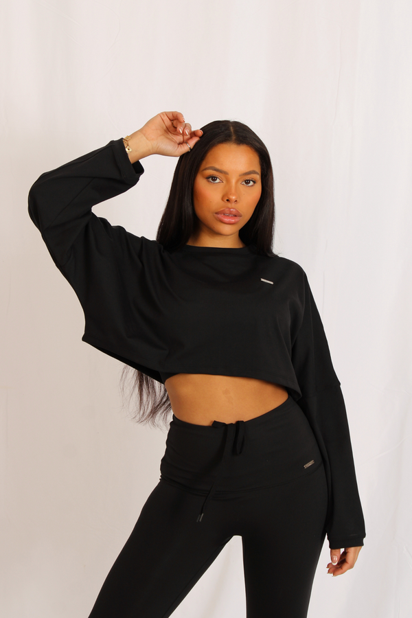 Signature Oversized Long Sleeve Cropped Top Black