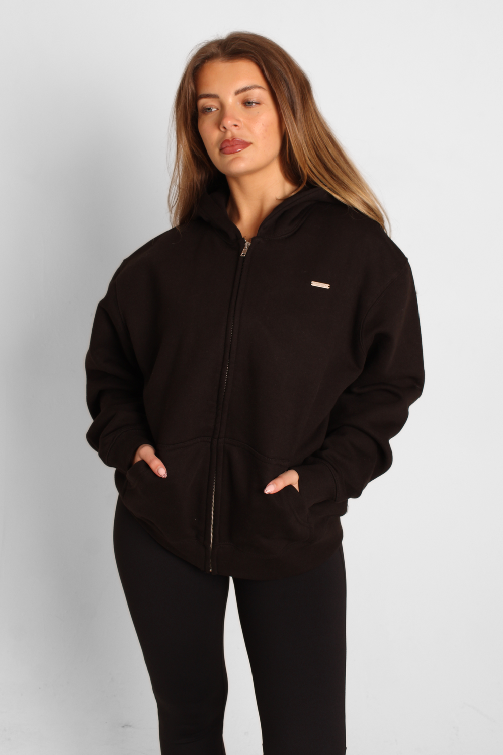 Basic Oversized Zip Through Hoodie Black