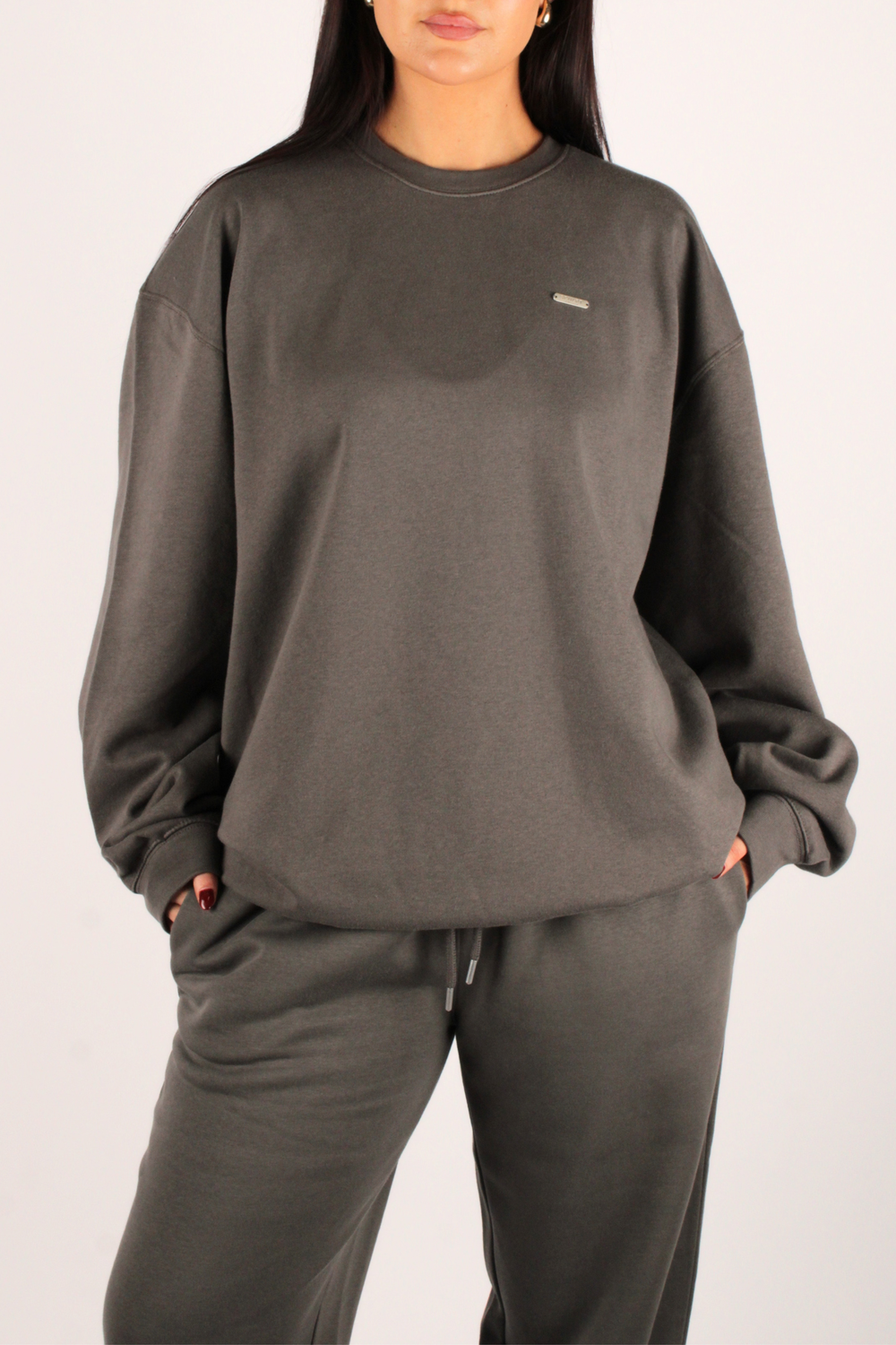 Basic Crew Neck Fleeced Oversized Jumper Dark Grey