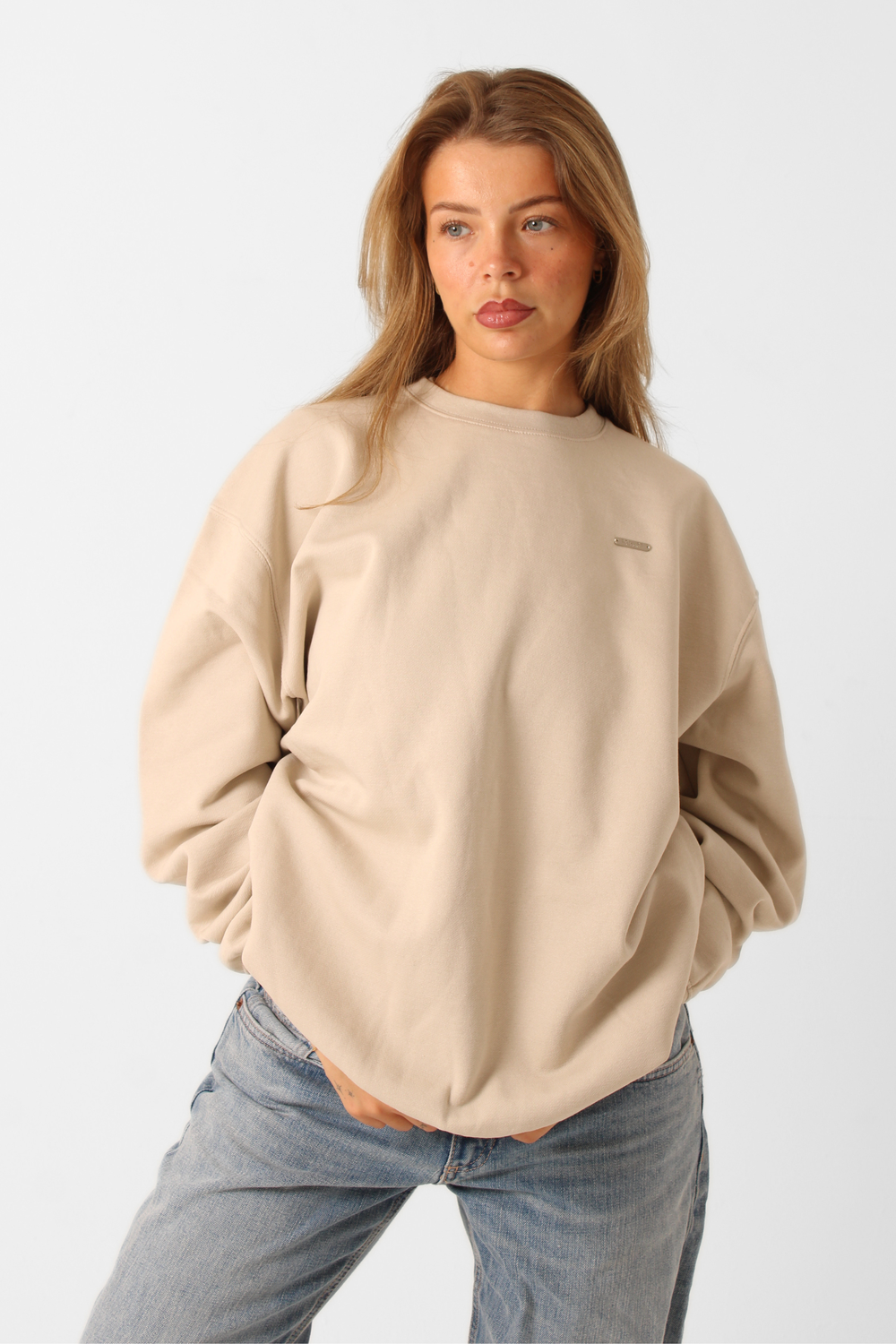 Basic Crew Neck Fleeced Oversized Jumper Greige