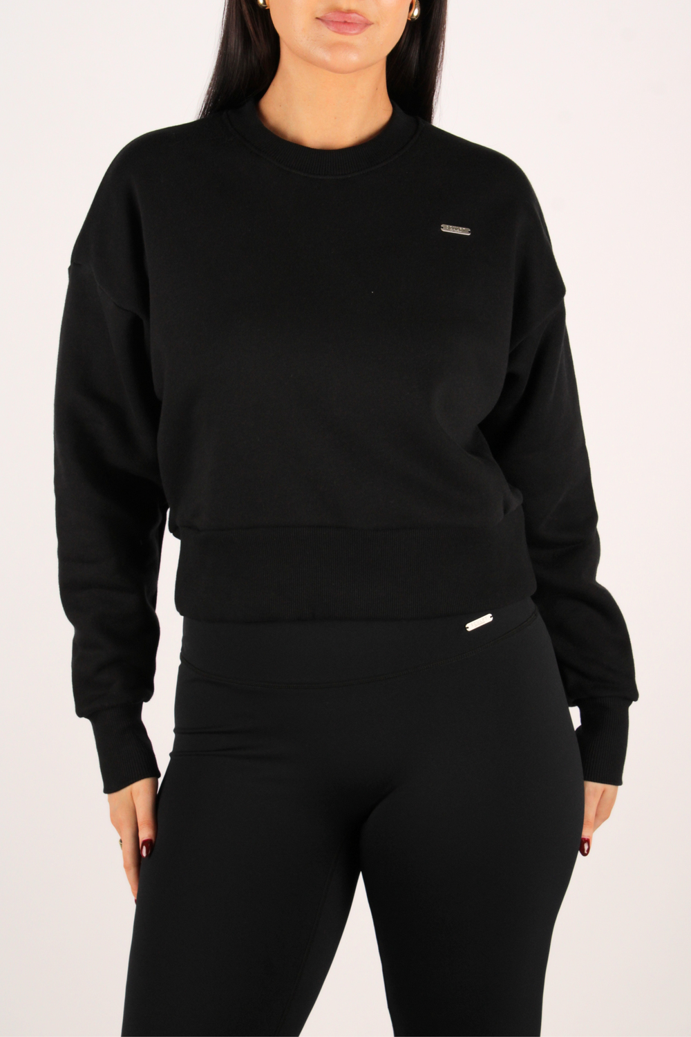 Basic Crew Neck Fleeced Oversized Cropped Jumper Black