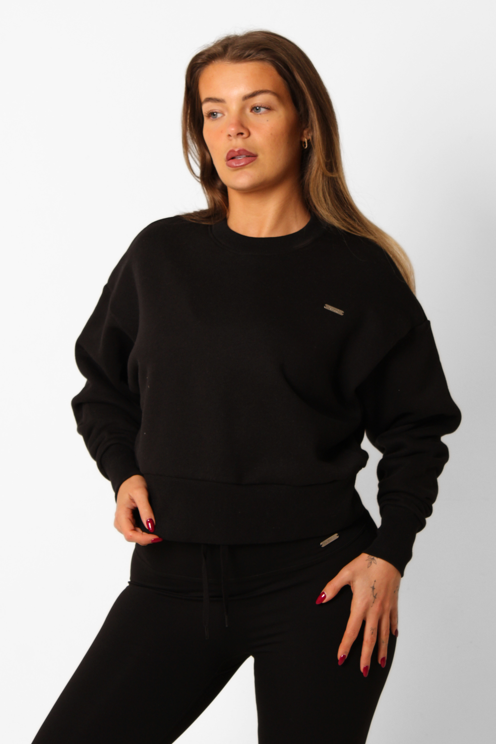 Basic Crew Neck Fleeced Oversized Cropped Jumper Black