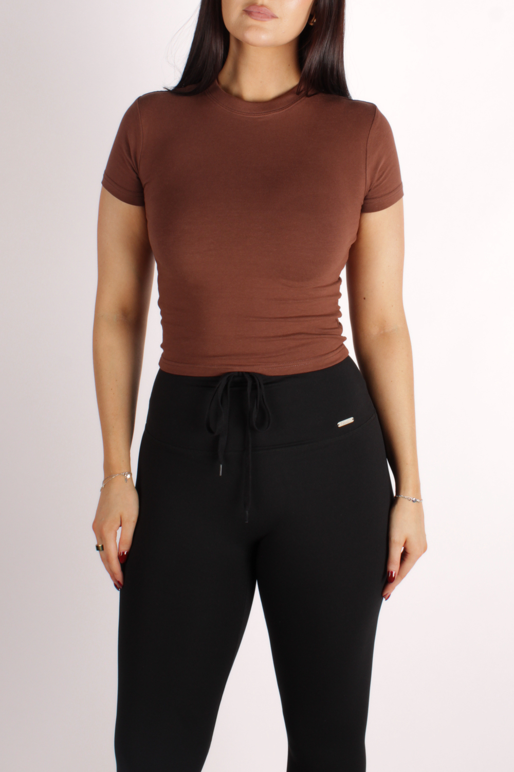 Basic Fitted Short Sleeve Cropped T-Shirt Brown