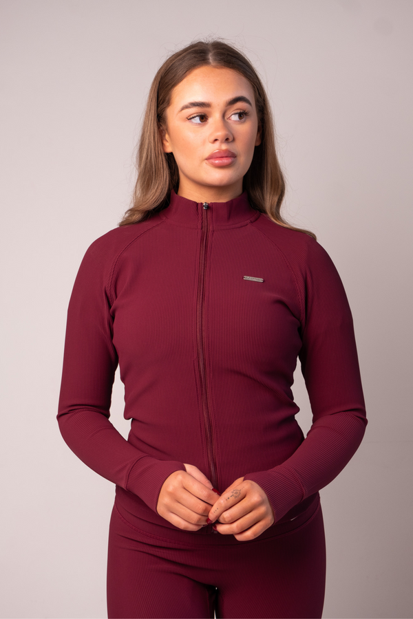 Fitted Zip Through Ribbed Jacket Burgundy