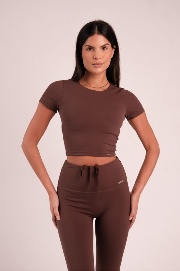 Cropped Built In Bra Short Sleeved Top Chocolate