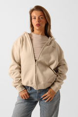 Basic Oversized Zip Through Hoodie Greige