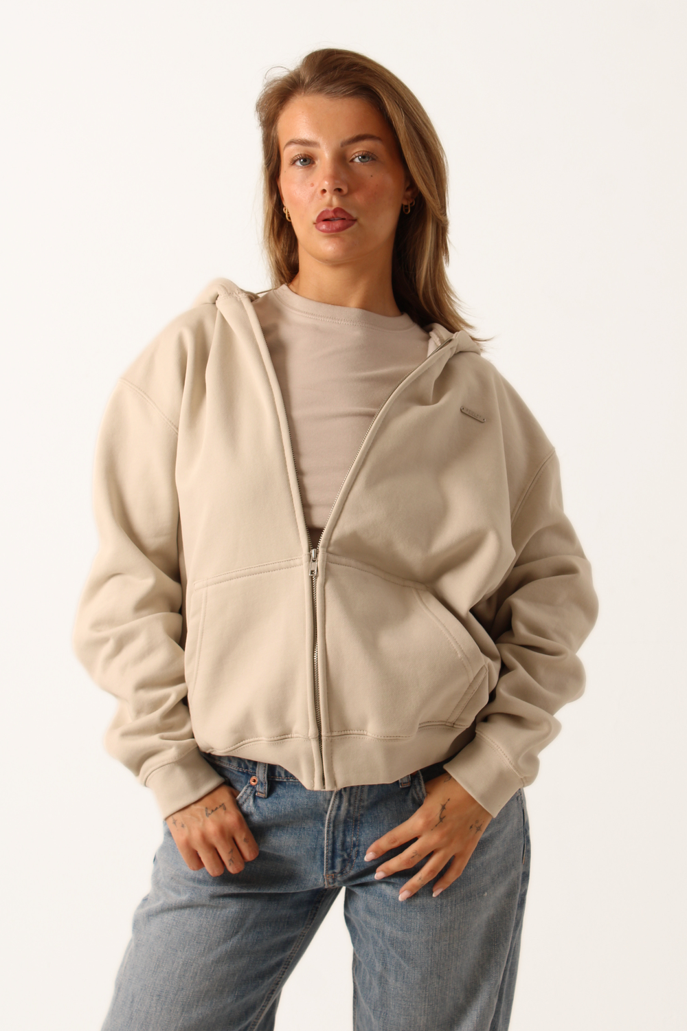 Basic Oversized Zip Through Hoodie Greige