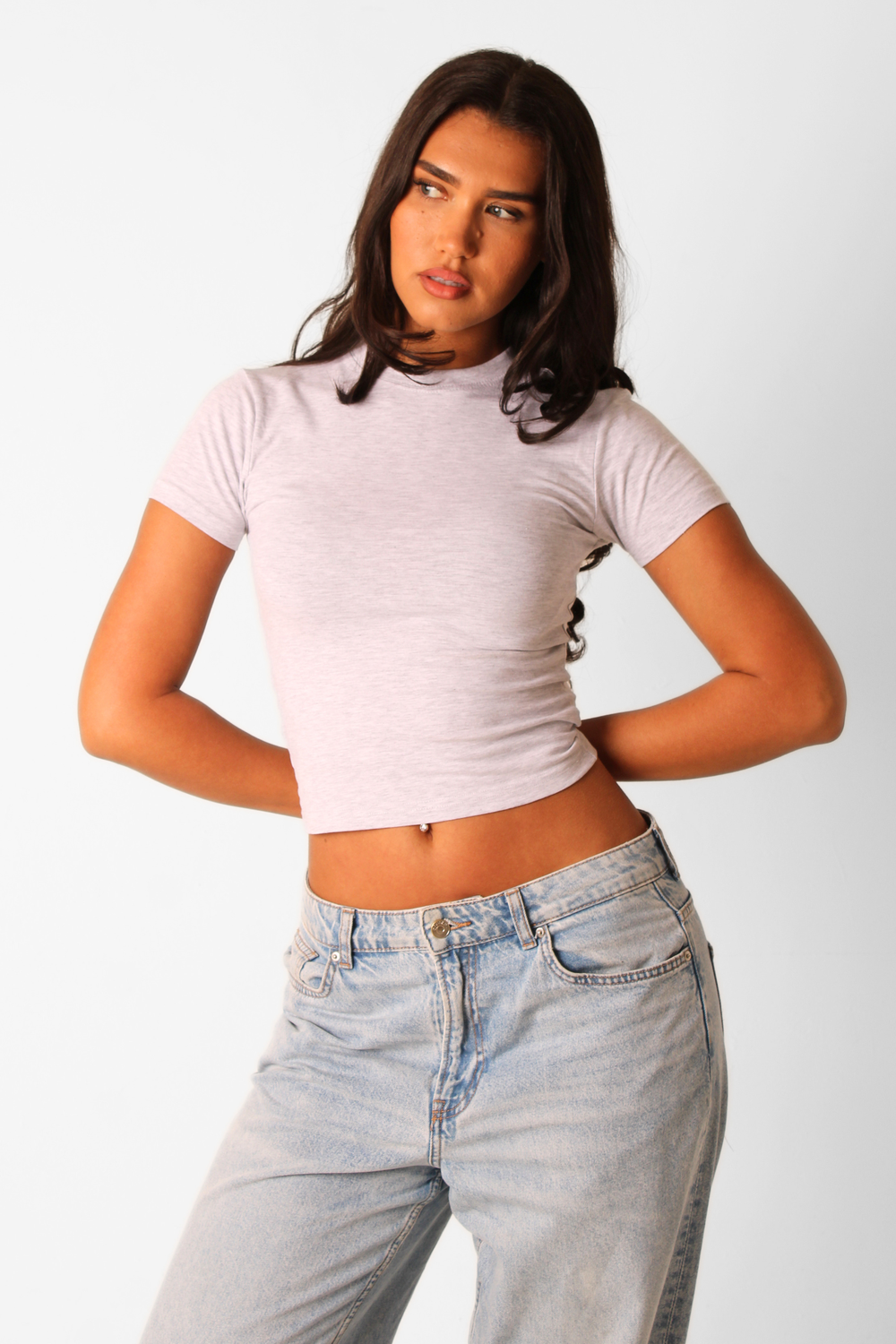 Basic Fitted Short Sleeve Cropped T-Shirt Dove Grey