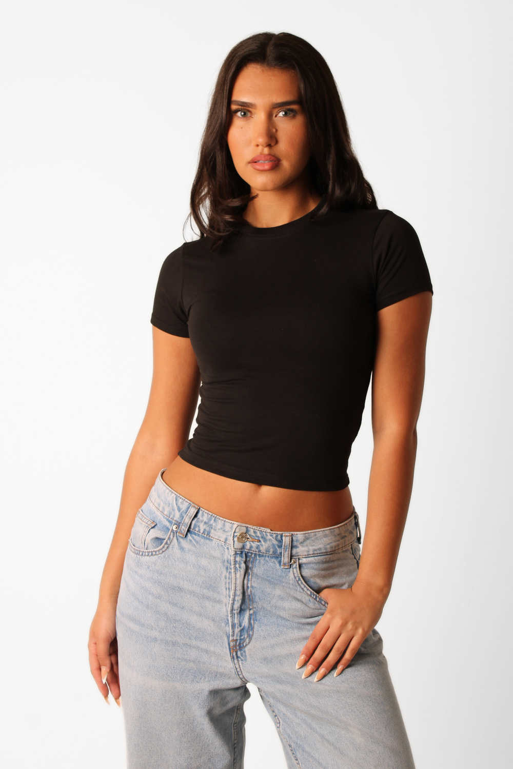 Basic Fitted Short Sleeve Cropped T-Shirt Black
