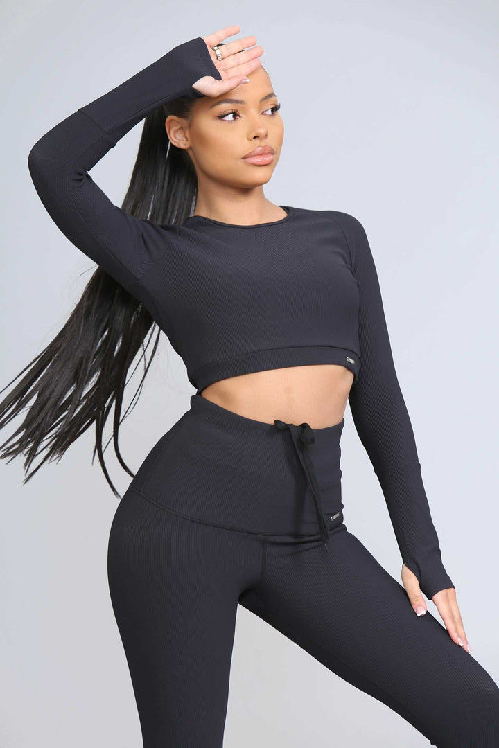 Lifestyle Ribbed Long Sleeved Top Black